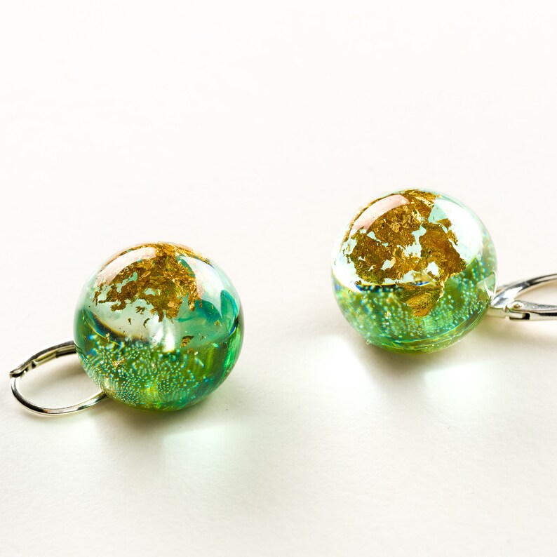 resin earrings gift Silver 925 earrings with gold flakes in green transparent resin resin jewelry