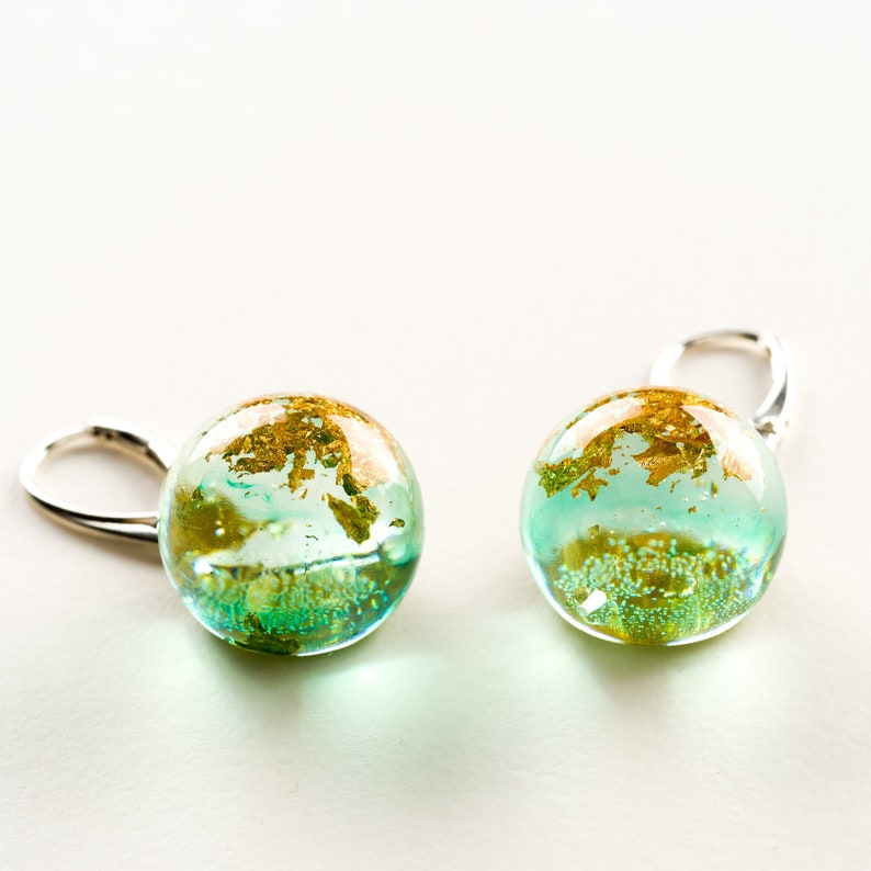 resin earrings gift Silver 925 earrings with gold flakes in green transparent resin resin jewelry
