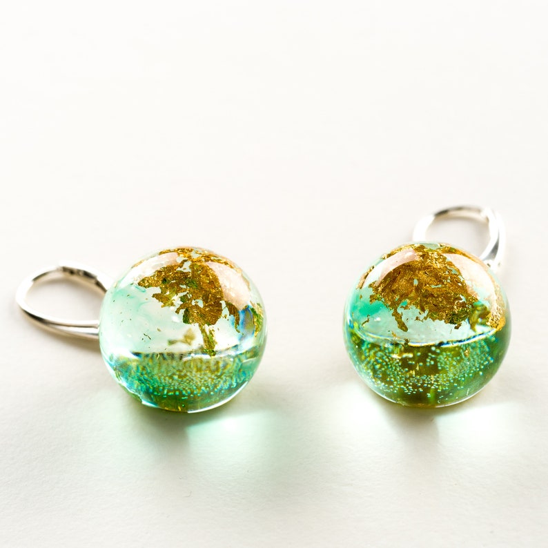 resin earrings gift Silver 925 earrings with gold flakes in green transparent resin resin jewelry