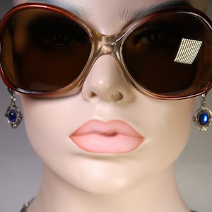 Unworn Actual 1970&#39;s Oversized Clear Honey to Rufous Red Acetate &#39;Greece 02CA240 280CA&#39; Old School Sunglasses with Brown Glass Lenses