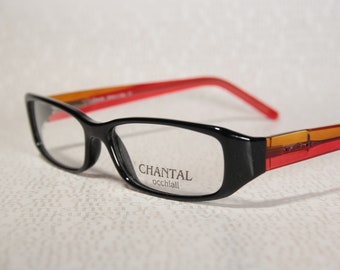 Unworn Slim CHANTAL P446 Piano Black, Orange and Red Plastic Early 2000's Low Lens Height Slim Glasses Eyeglass Frames for Women