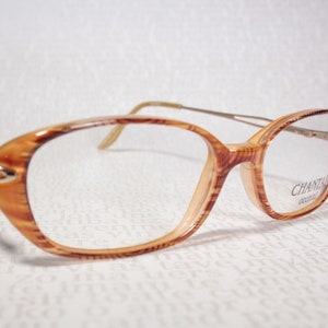 Smallish Unworn CHANTAL Mod P458 Italian 1990&#39;s Semi Clear Orange Brown Wood Pattern Oval Eye Glasses Eyeglass Frames for Women