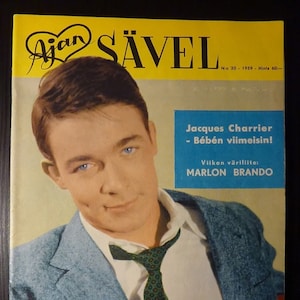 Fins Ajan Sävel-tijdschrift uit 1959 met Jacques Charrier-omslag, Marlon Brando-afbeeldingsartikel + miniposter, Jayne Mansfield-achteromslag
