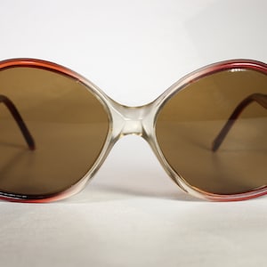 Frowning Looking True Vintage 1970&#39;s Oversized Clear to Berry Red Gradient Clear &#39;Greece 02CA240 380CA&#39; Sunglasses with Brown Glass Lenses