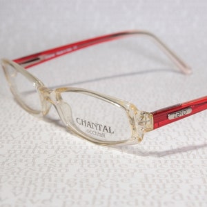 Size Small Clear Light Honey and Red CHANTAL P430 Rhinestones Decorated Unworn 1990's Sleek Small Lens Eye Glasses Eyeglass Frames for Women