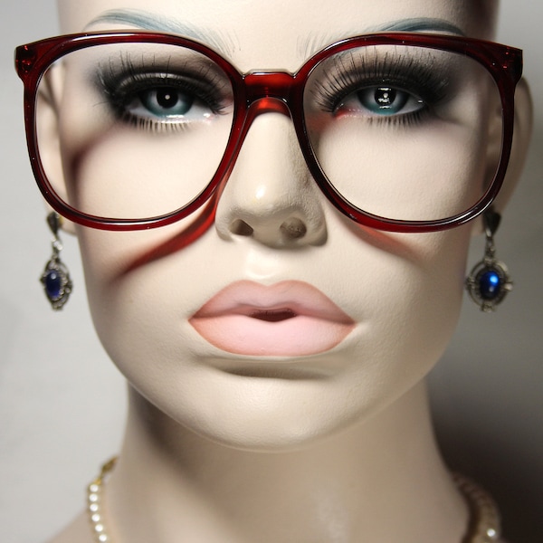 Unworn True 80's ELITE model 'FAIRWAY RED' Plastic Very Oversized Clear Lush Dark Red Eye Glasses Eyeglasses Frames