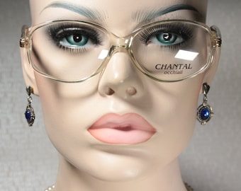 Kleinere ungetragene CHANTAL italienische Ende der 1980er Jahre klare und schwarze ovale Vollrandbrillen Brillengestelle für Frauen
