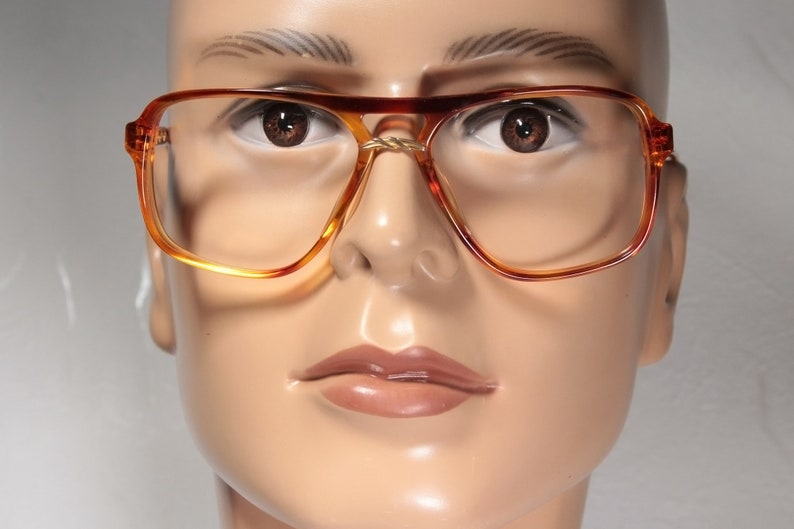 True Vintage Late 70s / Early 80s CHRISTOPHER D. Clear Orange and Brown Aviator Style Eye Glasses Eyeglass Frames with Gold Color Details image 2