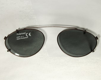 Vintage Early 90's Unworn Metal Flake Dark Copper Color Angular Oval Polarized Gray Lens Clip-On Sunglasses Shades Removable Sun Covers