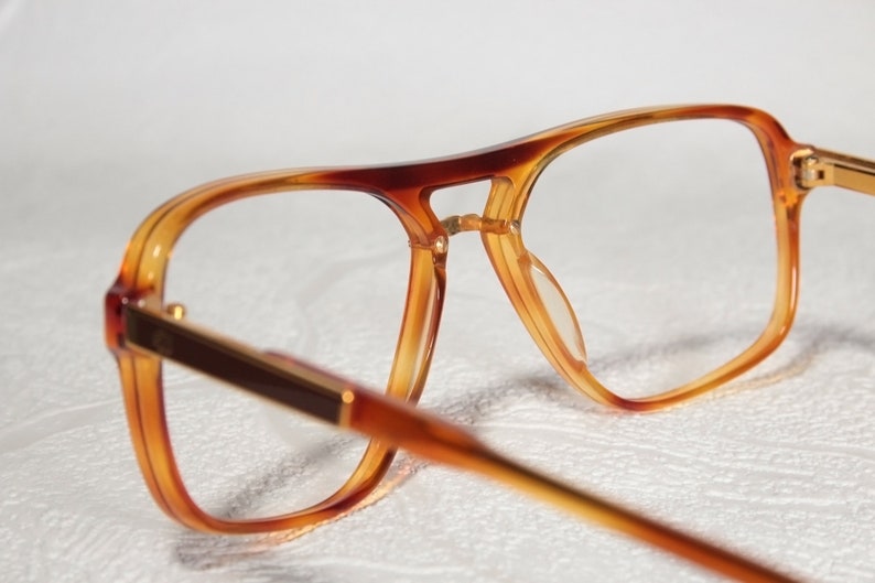 True Vintage Late 70s / Early 80s CHRISTOPHER D. Clear Orange and Brown Aviator Style Eye Glasses Eyeglass Frames with Gold Color Details image 7