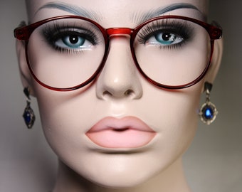 True 80's Medium-Small ELITE model 'MINNA' color 'Red' Panto Style Clear Lush Burgundy Cherry Red Plastic Eyeglasses Eighties Glasses Frames