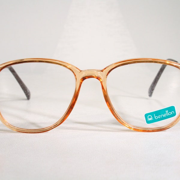 Children's Vintage 90's BENETTON 'Denver Kids' Preteen Size Oversize Style Geeky Chic Orange Amber Clear Seethru Eyeglass Frames NOS Unworn