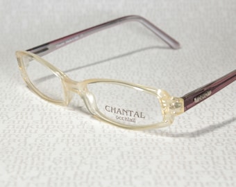 Smallish Pearly Semi Clear and Purple CHANTAL P430 Rhinestones Decorated Unworn 1990&#39;s Sleek Small Lens Eye Glasses Eyeglass Frames