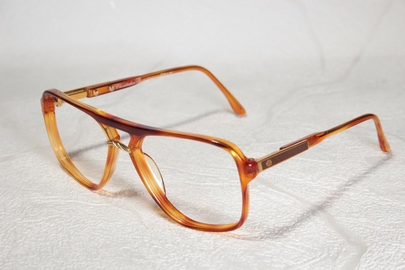 True Vintage Late 70s / Early 80s CHRISTOPHER D. Clear Orange and Brown Aviator Style Eye Glasses Eyeglass Frames with Gold Color Details image 4