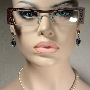 Unworn IYOKO INYAKE model IY579 Chocolate Brown and Pale Cyan Japanese Early 2000&#39;s Angular Sleek Semi Rimless Glasses Frames, Medium Large
