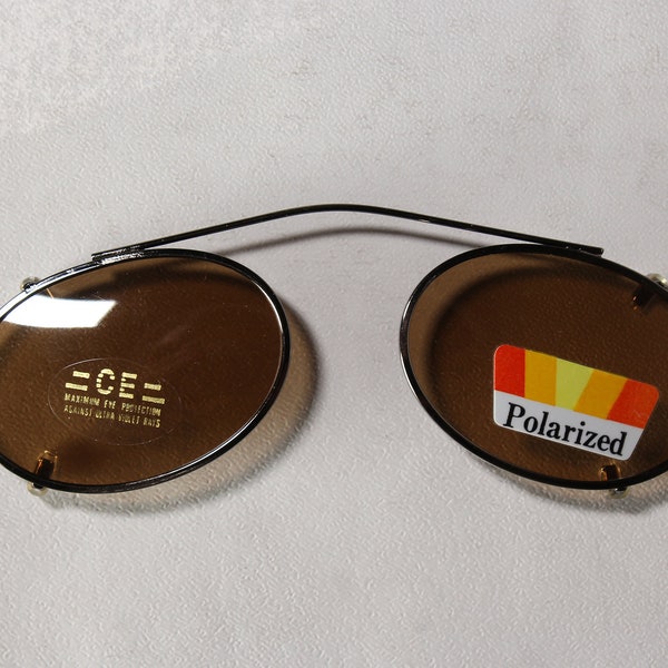 Vintage Polarized Early 90's Unworn Lacquered Chrome Oval Clip-On Sunglasses Shades Sun Cover Shields with Brown Lenses