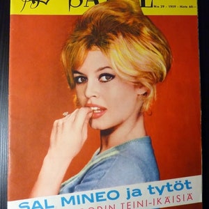 Finnish 1959 Ajan Sävel Magazine with BRIGITTE BARDOT cover, Deborah Kerr back cover, Sidney Poitier, Sal Mineo, ...