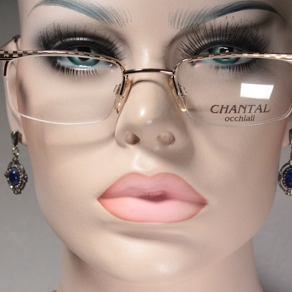 Couleur or CHANTAL non porté des années 1990 motif à carreaux élégant semi-rectangulaire demi-monture de lunettes montures de lunettes