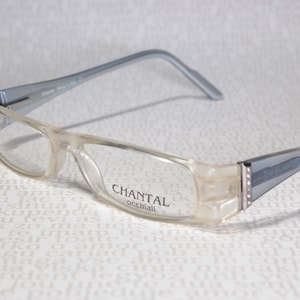 Size Medium Clear Light Honey and Pale Blue CHANTAL P476 1990&#39;s Sleek Small Lens Wide Temple Arms Eye Glasses Eyeglass Frames for Women