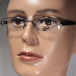 Monturas de gafas delgadas con lentes rectangulares de plástico azul oscuro y metal cromado plateado de principios de la década de 2000, KILLER LOOP 7620