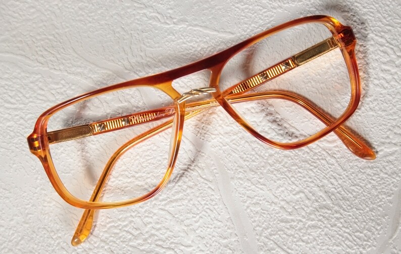 True Vintage Late 70s / Early 80s CHRISTOPHER D. Clear Orange and Brown Aviator Style Eye Glasses Eyeglass Frames with Gold Color Details image 10