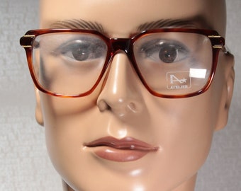Size Medium Unworn ATELIER Mod. 106 for CENTROTTICA Italy Early 80's Rectangular Tortoise Brown and Gold Glasses Eyeglass Frames Eyewear