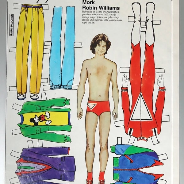 Vintage finlandés 1979 ROBIN WILLIAMS Paper Doll con traje Mork, jeans, pantalones y chaquetas