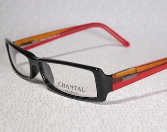 Unworn Slim CHANTAL N448 Piano Black, Orange and Red Plastic Early 2000's Low Lens Height Slim Glasses Eyeglass Frames for Women