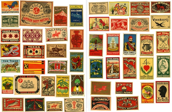 Digital only: 49 pcs Vintage 1920-30's Matchbox Labels, Printable Paper Ephemera for Journal Supplies, High Resolution 600 dpi JPG & PDF