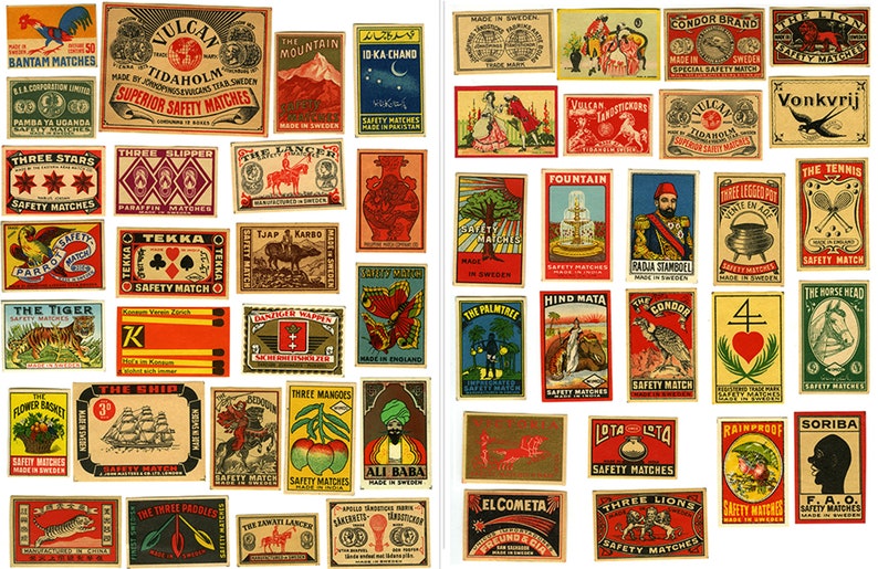 Digital only: 49 pcs Vintage 1920-30's Matchbox Labels, Printable Paper Ephemera for Journal Supplies, High Resolution 600 dpi JPG & PDF image 1