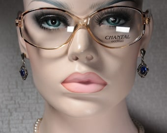 Smallish Unworn CHANTAL Mod P331 Italian Vintage 1990&#39;s Clear Peach and Brown Tortoise Plastic Oval Eye Glasses Eyeglass Frames for Women
