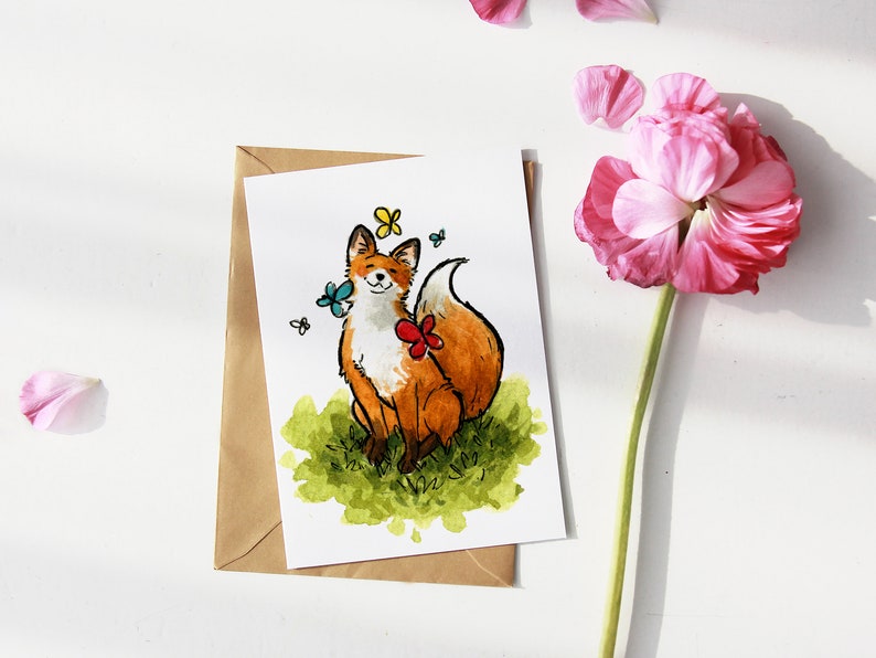 Fox With Butterflies Handmade Greeting Card