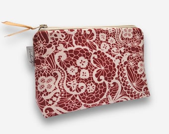 Cosmetic bag | Make-up bag with rust-red lace motif | water-repellent inside | perfect for your handbag | lined with oilcloth