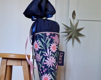 School cone for girls with name - dark blue pink floral - large flowers - 70 cm - also available as a daycare or sibling cone
