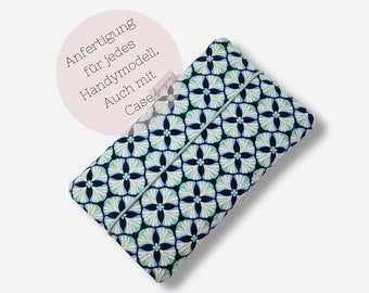 Sac pour téléphone portable en tissu | fait à la main pour chaque modèle de téléphone portable | à motifs vert menthe | Par exemple pour iPhone 15 pro max / Samsung Galaxy S23 et bien plus encore.