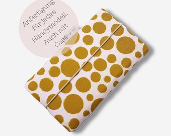 Customizable phone case for every phone model | also with case | made of fabric and padded | mustard yellow dotted | e.g. for iPhone 12/13