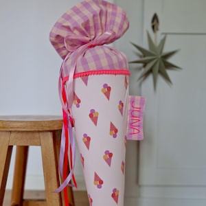Cornet de glace scolaire rose, violet - nom personnalisable - pour filles - coussin d'insertion en option - également comme cornet pour frères et sœurs - en tissu
