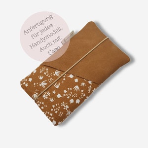 Stoffen mobiele telefoontasje | mosterdgeel bloemig | Kaartenvak van bruin kunstleer | Op maat gemaakt voor elk mobiele telefoonmodel, bijvoorbeeld voor iPhone 14 / 15 / 11