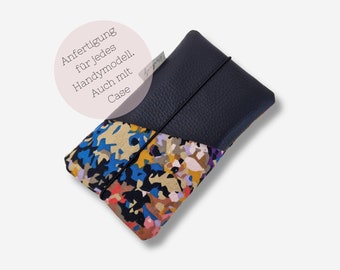 Mobile phone case made of fabric with an extra compartment made of faux leather in black | custom-made for all cell phone models | colorful patterned | e.g. for iPhone 15