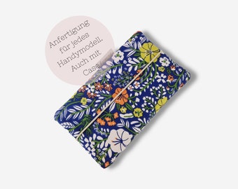 Sac pour téléphone portable en tissu | floral bleu | Fabriqué sur mesure pour tous les modèles de téléphones portables, par exemple pour iPhone 15 pro max / Samsung Galaxy S20fe / S20 / S23 et bien plus encore