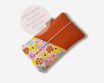 Fabric phone case | pink orange yellow floral | Card compartment made of faux leather | Custom-made for all cell phone sizes e.g. for iPhone 14 / 15 / pro