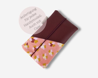 Mobile phone case made of fabric with a card compartment made of faux leather | pink burgundy | e.g. for iPhone 14 / iPhone 15 pro max / iPhone 11 / XS / XR