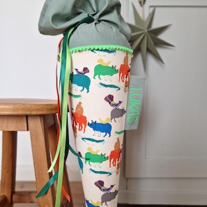 School cone for boys - name customizable - animals zoo - optional inner cushion - with neon green border - also available as a daycare cone