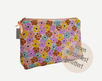 Trousse cosmétique en tissu et toile cirée | intérieur hydrofuge | Trousse de maquillage Fleurs et fleurs en violet, rose, menthe, jaune