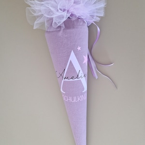 Cono escolar personalizado morado lila con estrellas - inicial y nombre - matrícula escolar 2025 - para niñas - hecho a mano - escolar 2025