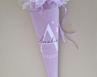 Personalized school cone purple lilac with stars - initial & name - school enrollment 2025 - for girls - handmade - schoolchild 2025