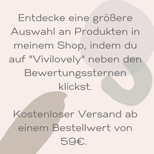 May include: Text on a light pink background with abstract shapes in light gray and brown. The text reads: "Discover a wider selection of products in my shop by clicking on "Vivilovely" next to the rating stars. Free shipping on orders over $59."