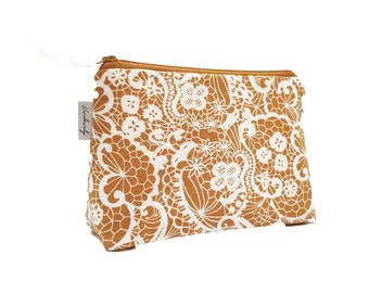 Cosmetic bag inside water-repellent with mustard yellow lace pattern