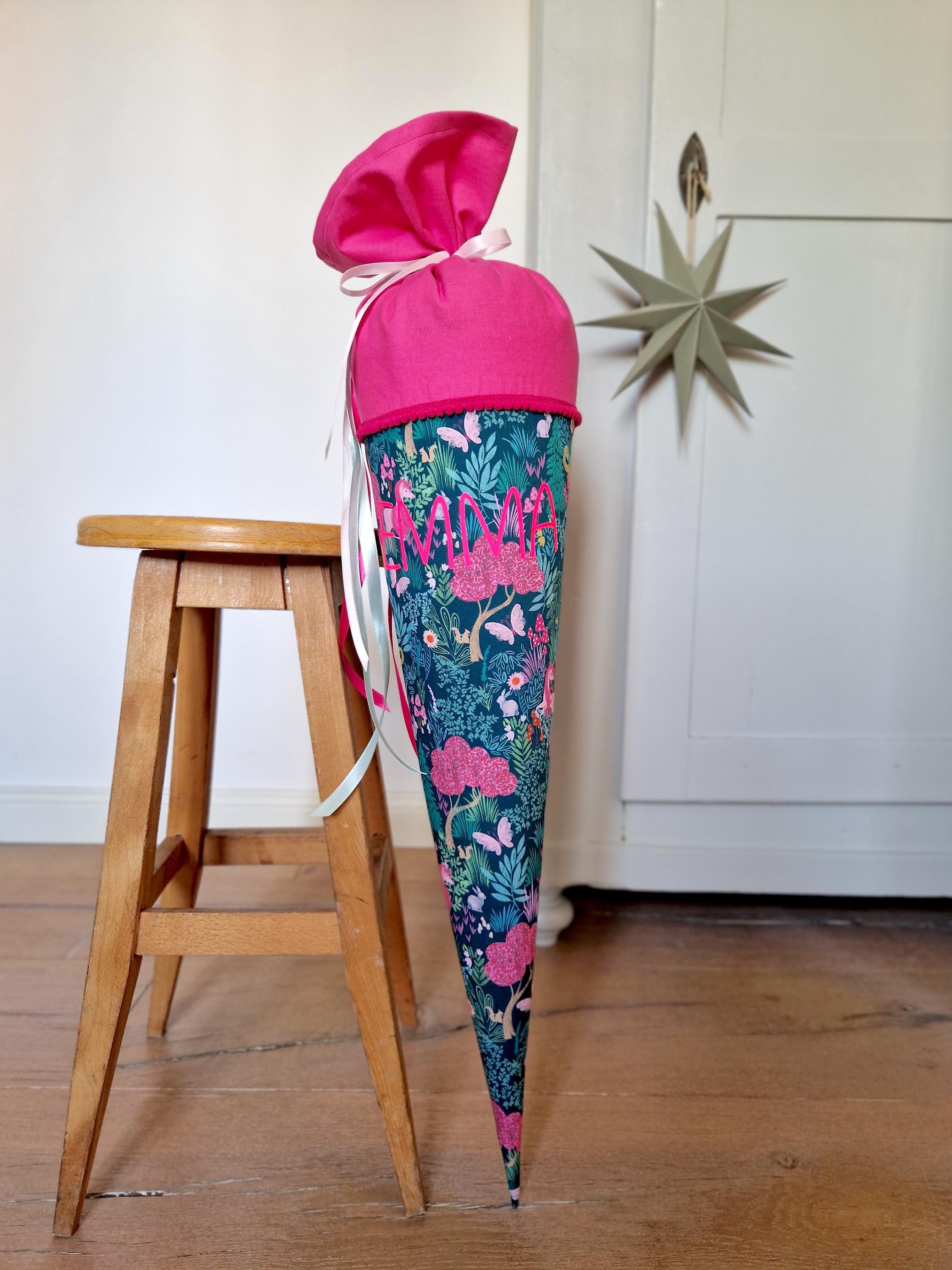 Personalized school cone with unicorn made of fabric - green & neon pink - also available as a daycare cone or sibling cone - optional inner cushion