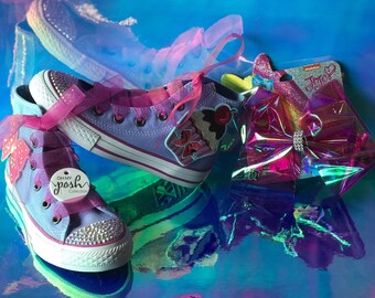 JoJo Girl DREAM TOUR, JoJo Birthday Party Pink Purple Cupcake Custom Converse Shoes, JoJo Siwa 1st Birthday shoes and Siwa Bow Set